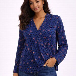 Anthro Maeve Eva Faux Wrap Blouse 6 Blue Pink Print Long Sleeve V Neck